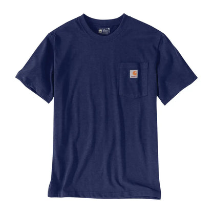 Navy Carhartt Dearborn t-shirt with orange logo, ideal for outdoors hunting