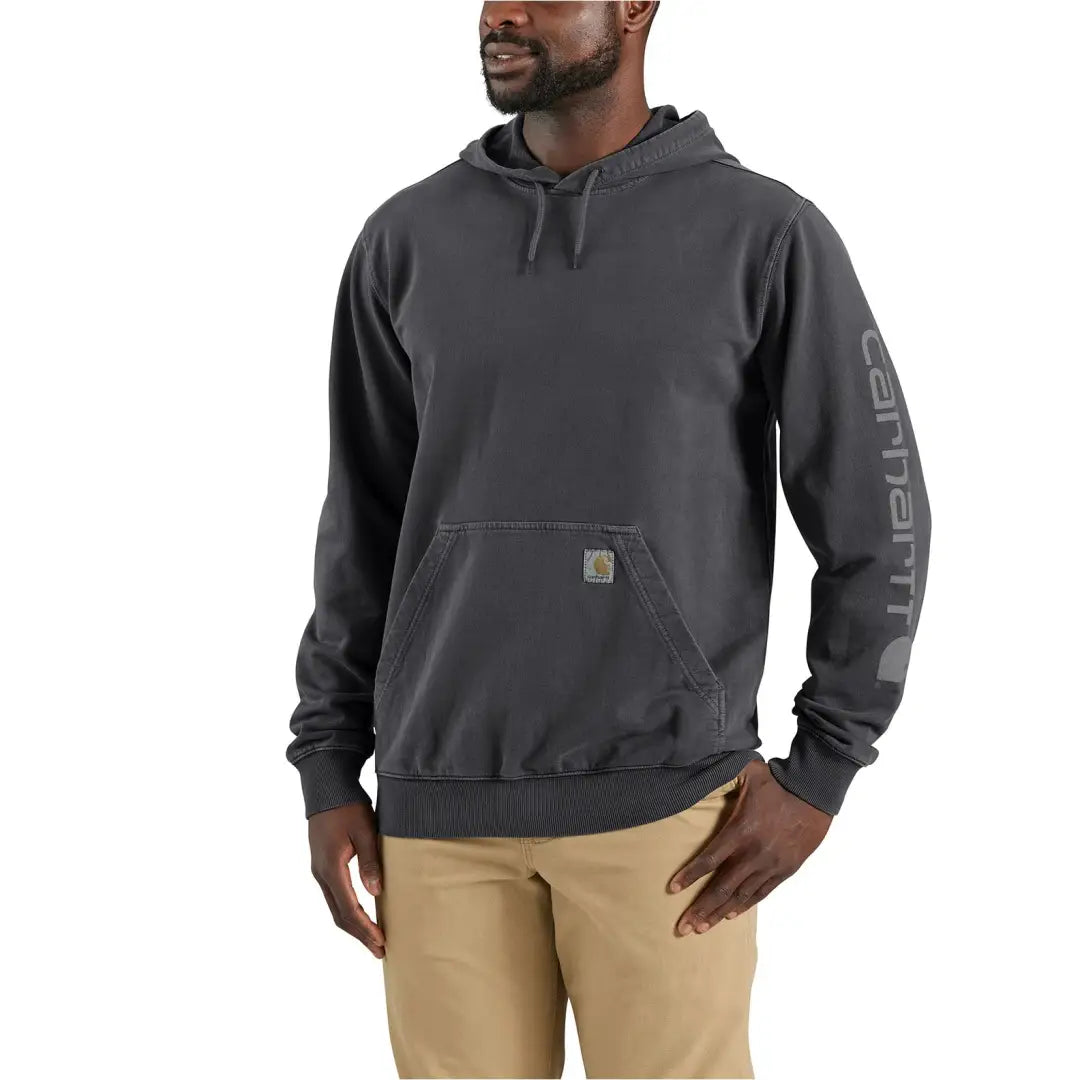 Dark gray Carhartt Durham hoodie with logo sleeve and front pocket