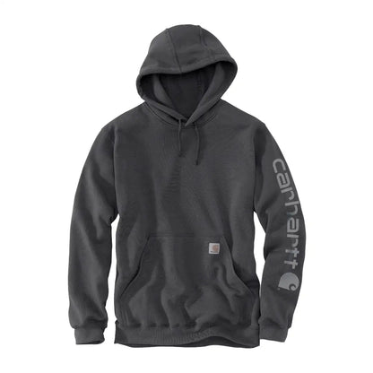 Dark gray Carhartt Durham hoodie with silver sleeve logo and pocket patch