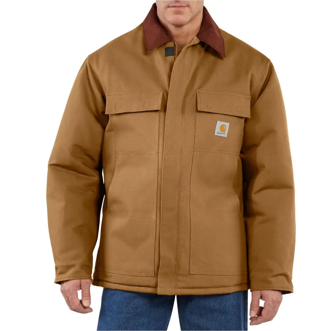 Rugged Carhartt Firm Duck Traditional Coat in brown with red collar for outdoors hunting