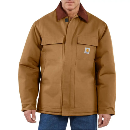 Rugged Carhartt Firm Duck Traditional Coat in brown with red collar for outdoors hunting