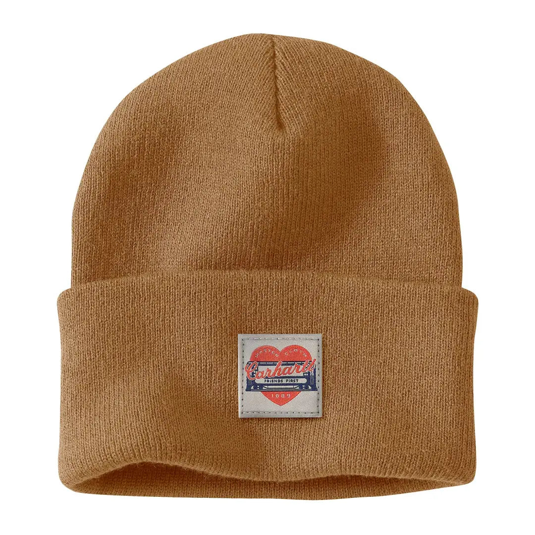 Brown knit Beanie with Heart Patch perfect for country clothing and outdoor adventures