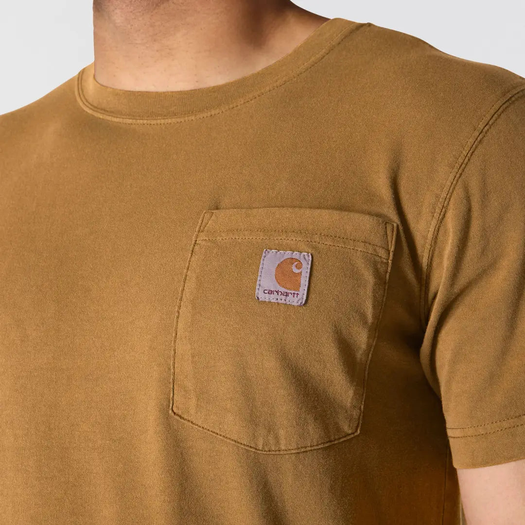 Tan Carhartt t-shirt with orange logo pocket for outdoors hunting