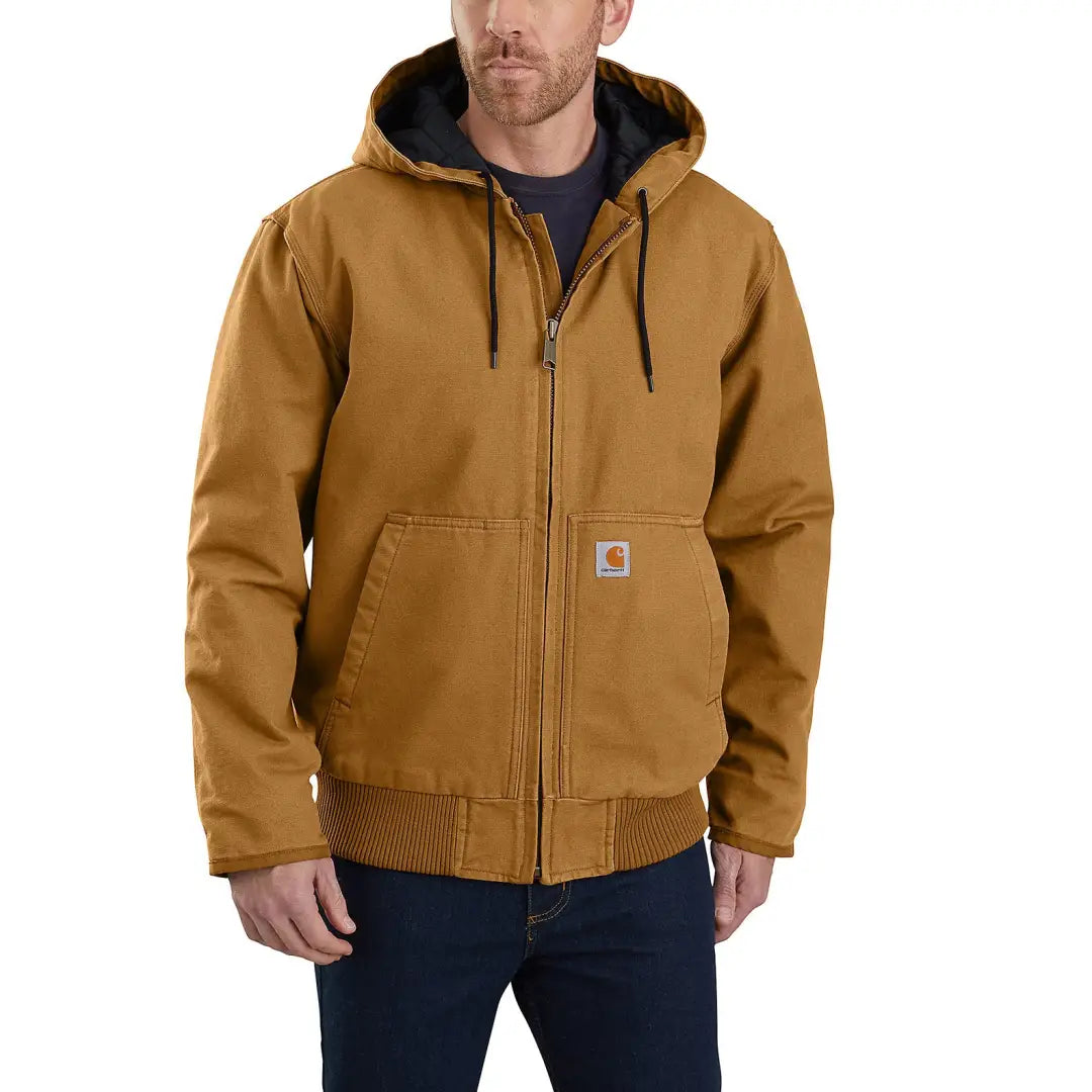 Brown hooded work jacket from Carhartt with loose fit for country clothing and hunting