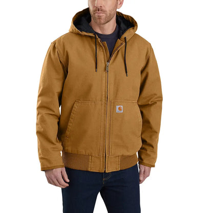 Brown hooded work jacket from Carhartt with loose fit for country clothing and hunting