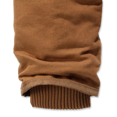 Brown canvas sleeve with ribbed cuff on Carhartt loose fit hunting jacket perfect for country clothing
