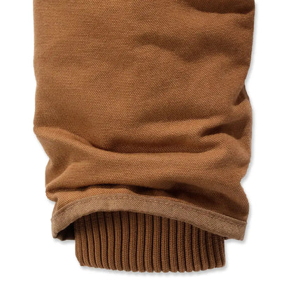 Brown canvas sleeve with ribbed cuff on Carhartt loose fit hunting jacket perfect for country clothing