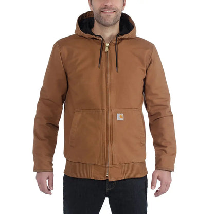 Brown hooded Carhartt jacket in loose fit for country clothing and hunting trips