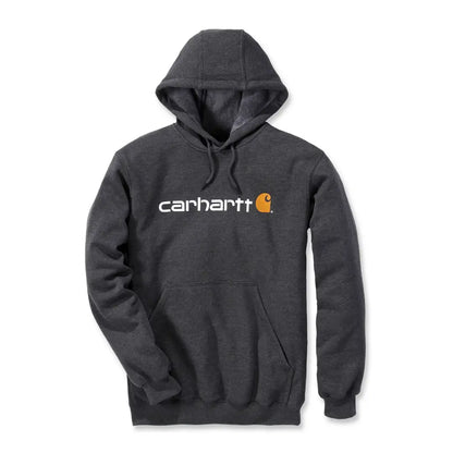 Dark heather gray Carhartt Marquette logo hoodie, loose fit country clothing for hunting