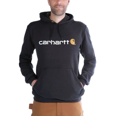 Loose fit black Carhartt Marquette logo hoodie with orange accents