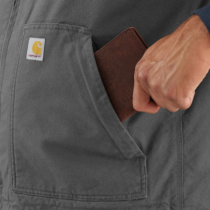 Gray Carhartt jacket with brown wallet, perfect relaxed fit country clothing for hunting