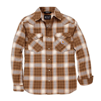 Brown and white plaid Carhartt Montana snap-front shirt, perfect country clothing