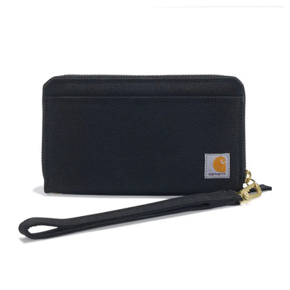 Black zippered clutch wallet with wrist strap, perfect for country clothing and hunting trips