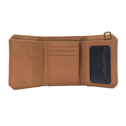 Open brown canvas tri-fold wallet from Carhartt for country clothing and outdoor hunting trips