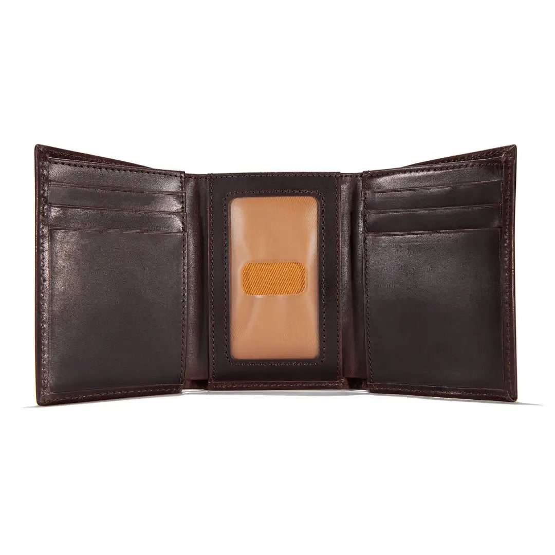 Open brown leather Carhartt Oil Trifold Wallet perfect for country clothing and outdoors