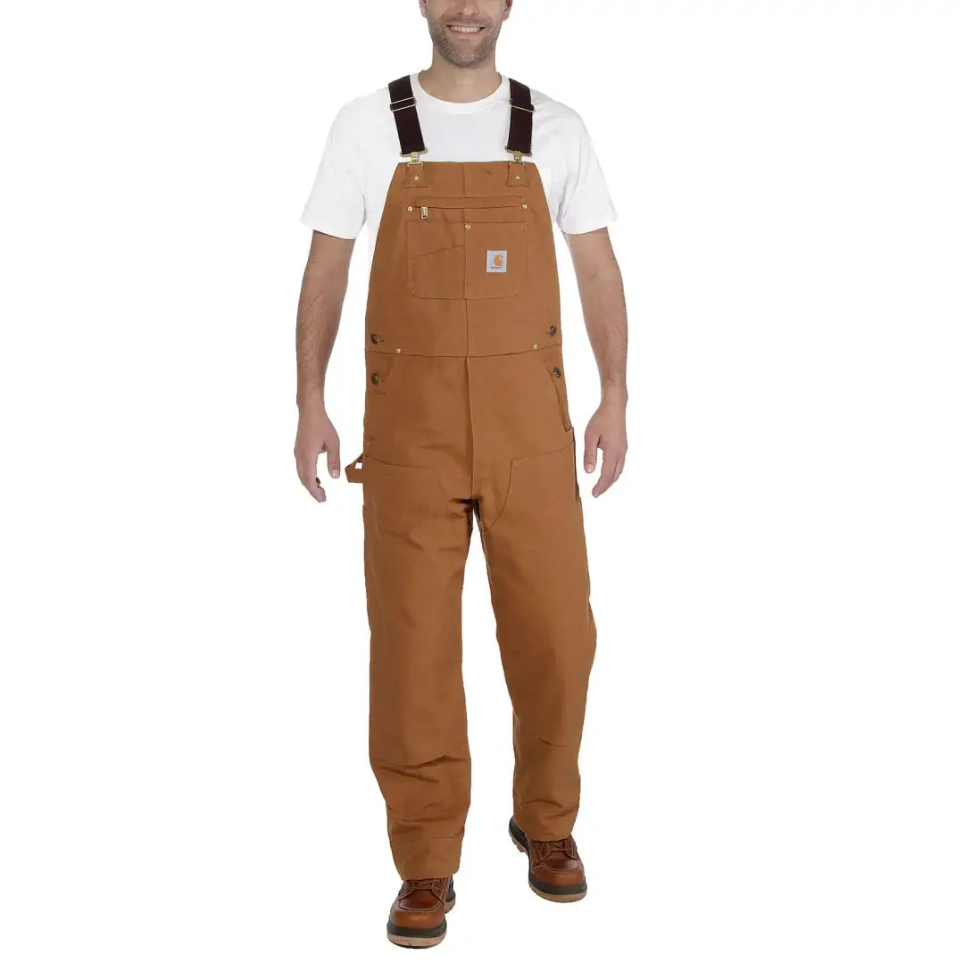 Brown Carhartt bib overalls perfect for country clothing and outdoor hunting trips