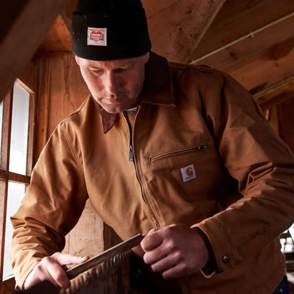 Carhartt relaxed fit Detroit jacket in brown with black hat and zipper