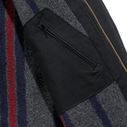 Black leather zippered wallet with gold hardware in Carhartt Detroit Jacket