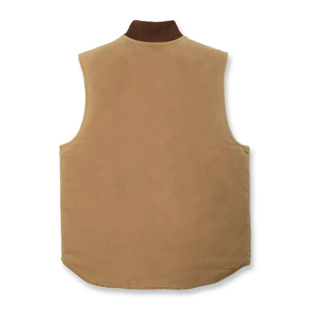 Tan suede relaxed fit vest with brown rib collar in Carhartt country clothing