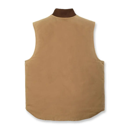 Tan suede relaxed fit vest with brown rib collar in Carhartt country clothing