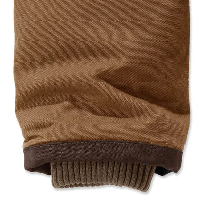 Brown canvas jacket sleeve with knit cuff on Carhartt Relaxed Fit Hunting Utility Jacket