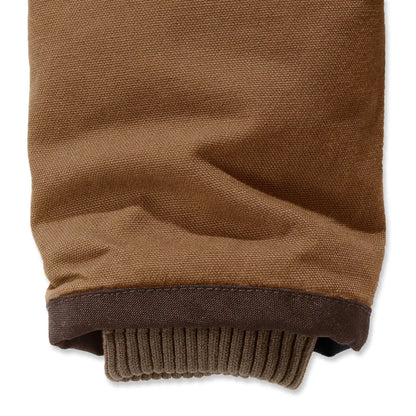 Brown canvas jacket sleeve with knit cuff on Carhartt Relaxed Fit Hunting Utility Jacket