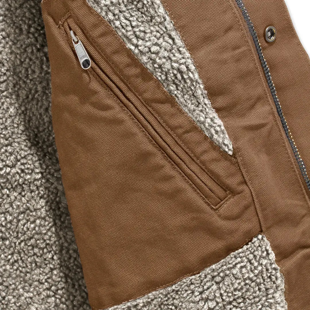 Brown Carhartt relaxed fit utility jacket with zippered pocket and sherpa lining for country hunting gear