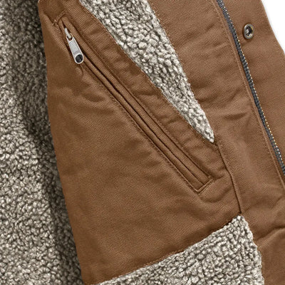 Brown Carhartt relaxed fit utility jacket with zippered pocket and sherpa lining for country hunting gear