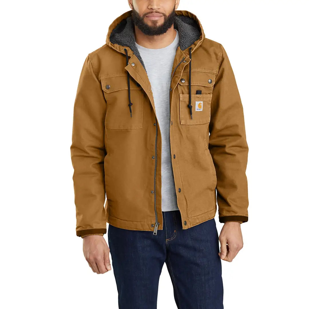 Brown hooded work jacket with relaxed fit, perfect for country clothing and hunting