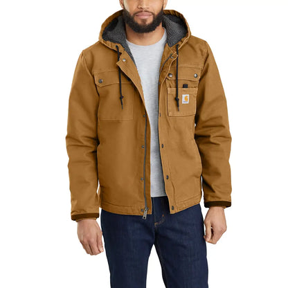 Brown hooded work jacket with relaxed fit, perfect for country clothing and hunting