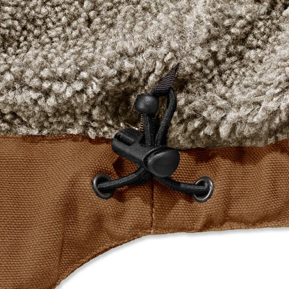 Brown and gray fabric with drawstring on Carhartt relaxed fit hunting country clothing jacket