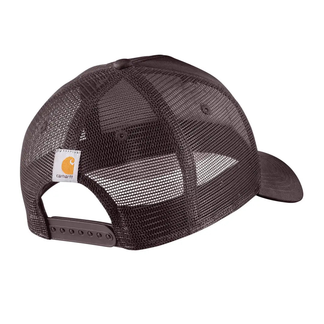 Dark brown Carhartt script patch cap with mesh back and adjustable strap