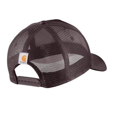 Dark brown Carhartt script patch cap with mesh back and adjustable strap