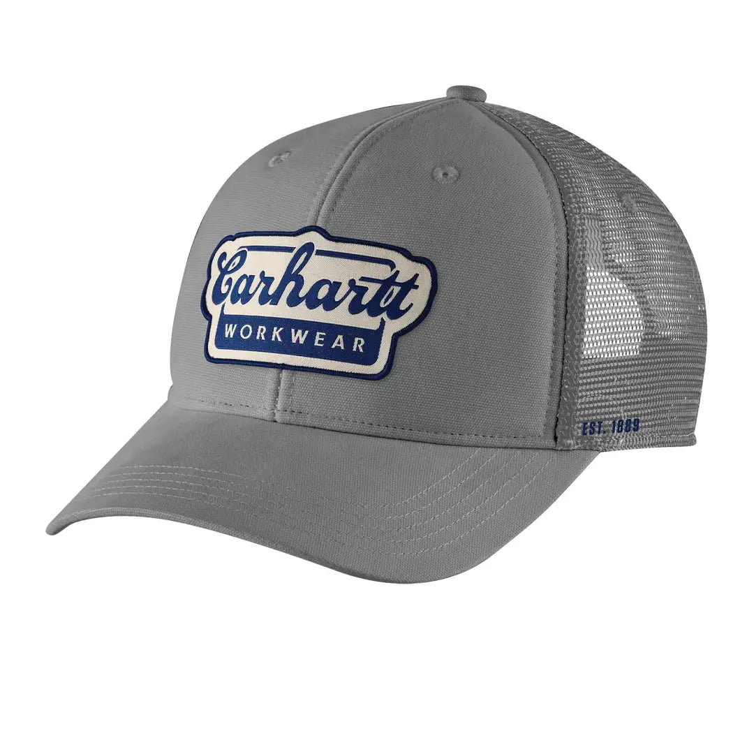 Gray Carhartt rugged flex script patch cap with blue white logo