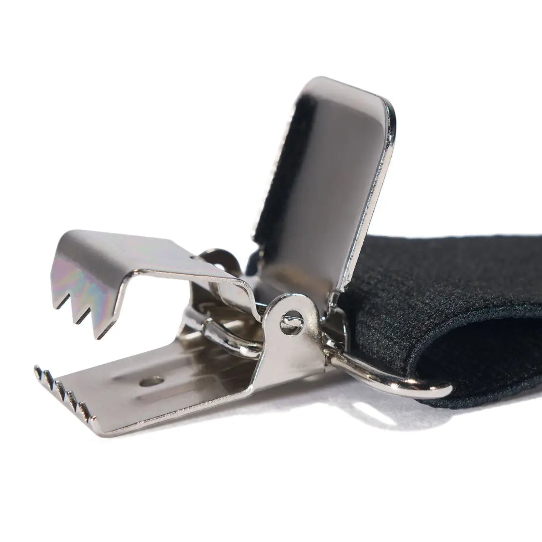 Metal suspender clip with black elastic on Carhartt Utility Suspenders for outdoors life