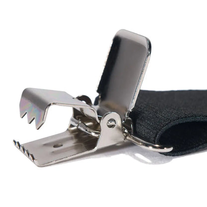Metal suspender clip with black elastic on Carhartt Utility Suspenders for outdoors life