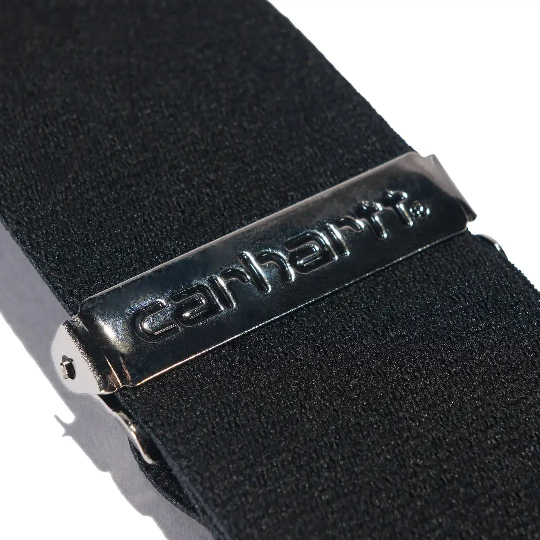 Black Carhartt utility suspenders with metal logo, perfect for country clothing and hunting outdoors