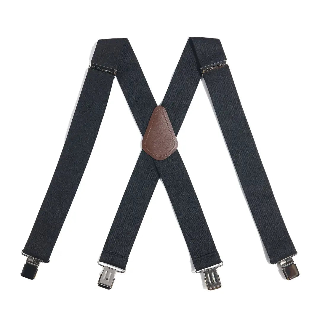 Black suspenders with brown leather connector from Carhartt Utility Suspenders for outdoors or country clothing