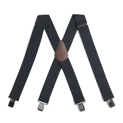 Black suspenders with brown leather connector from Carhartt Utility Suspenders for outdoors or country clothing