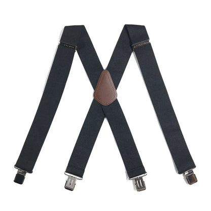 Black suspenders with brown leather connector from Carhartt Utility Suspenders for outdoors or country clothing