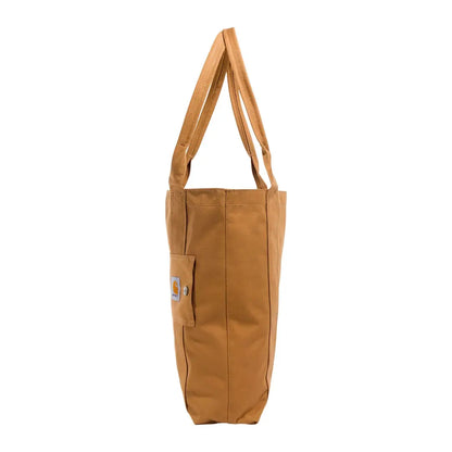 Carhartt vertical open tote bag in brown canvas with leather handles and front pocket