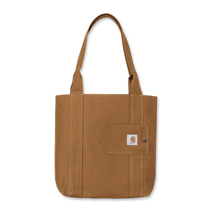Brown Carhartt vertical open tote bag with pocket and strap