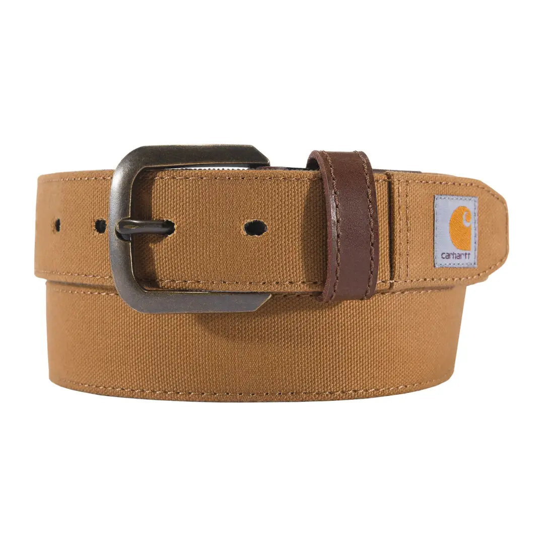 Tan canvas belt with dark metal buckle ideal for Carhartt women’s country clothing outdoors