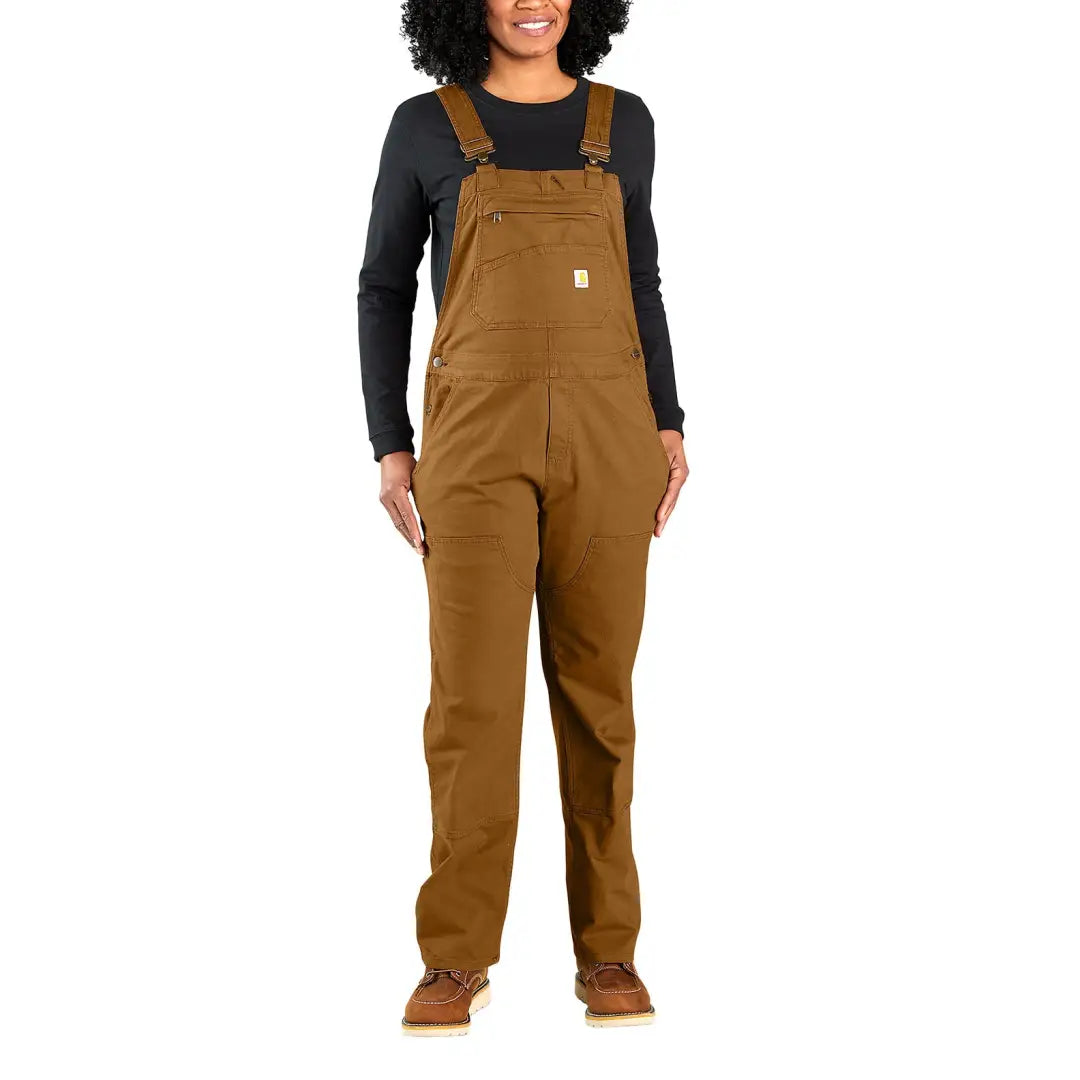 Brown women’s loose fit canvas bib overalls perfect for country clothing or hunting trips