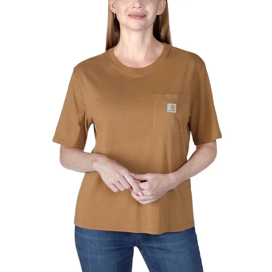 Woman’s brown Carhartt loose fit lightweight short sleeve crewneck t-shirt for country hunting