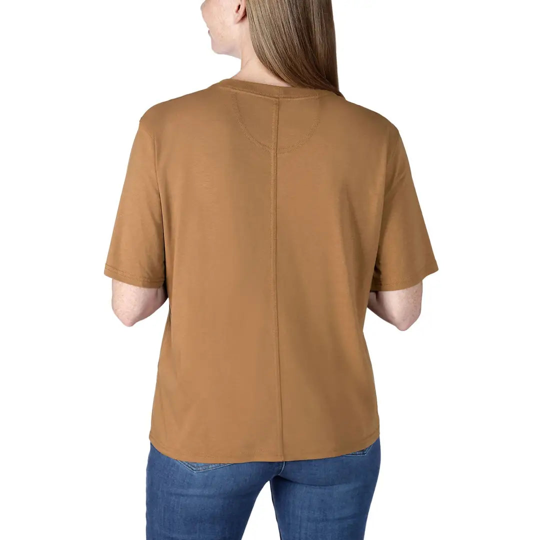 Woman wearing a loose fit Carhartt lightweight short sleeve T-shirt, perfect for country clothing or hunting adventures