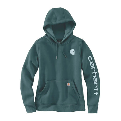 Teal Carhartt womens relaxed fit hoodie with logo sleeve, perfect for country clothing and hunting