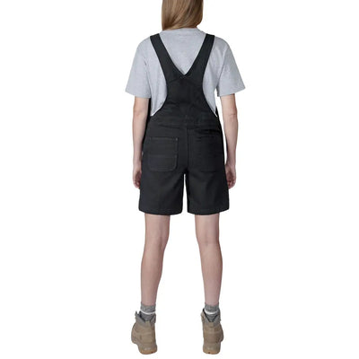 Woman in black overall shorts showcasing relaxed fit country clothing perfect for hunting
