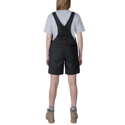 Woman in black overall shorts showcasing relaxed fit country clothing perfect for hunting