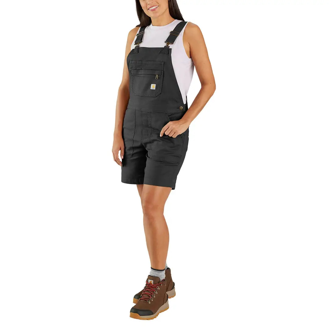 Black denim short overalls in relaxed fit, perfect for country clothing and hunting